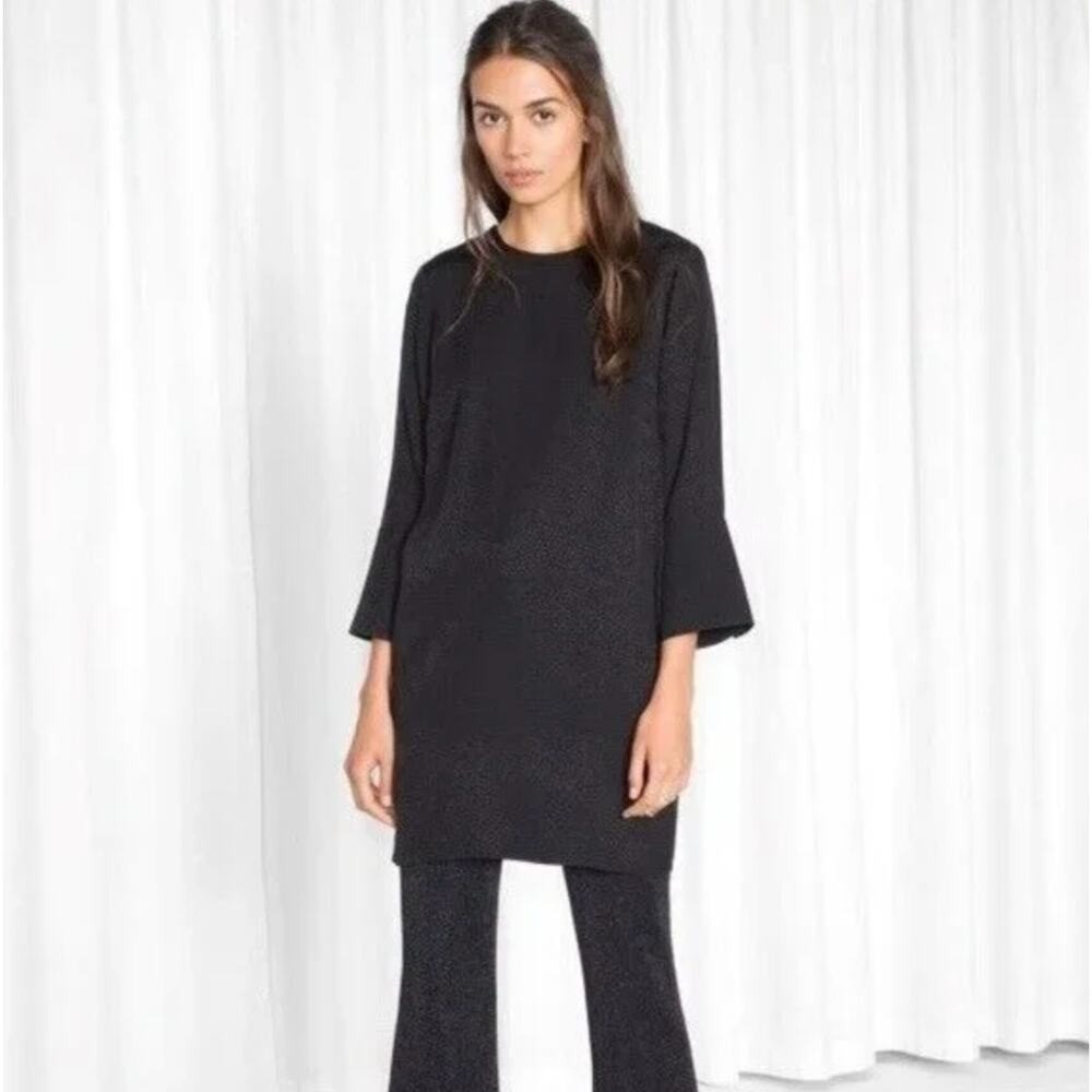 & Other Stories Shift Dress Womens 4 Black Star Jacquard Flared Cuff Tunic